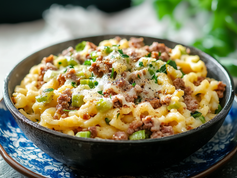 Eine Schüssel voll Spätzle-Hack-Pfanne mit Lauch und Käse. Das Gericht ist mit frischer gehackter Petersilie garniert. Die Schüssel steht außerdem auf einem blau-weiß gemusterten Teller, der wiederum auf einer grauen Arbeitsfläche steht. Im Hintergrund kann man verschwommen einen Bund frischer Kräuter erkennen.