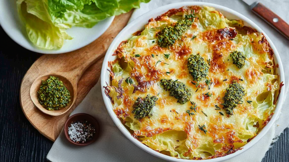 Spitzkohl-Kartoffelgratin in einer weißen Auflaufform, darauf Klecks grünes Kräuterpesto.