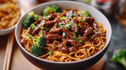 Eine Schale mit Sticky Beef Noodles mit Brokkoli und Frühlingszwiebeln. Daneben liegen Stäbchen und einige Zutaten.