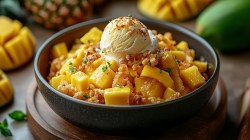 Eine Schale süßes Mango-Ananas-Curry mit einer Kugel Vanilleeis und Kekskrümeln garniert.