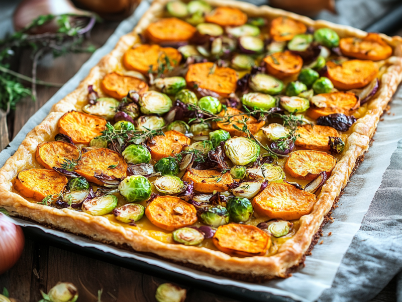 Eine Süßkartoffel-Blätterteig-Tarte liegt fertig gebacken auf einem Stück Backpapier