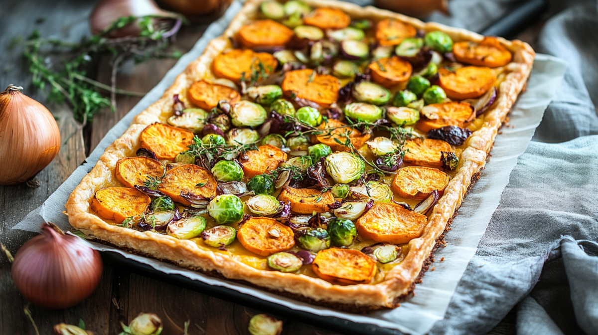 Eine Süßkartoffel-Blätterteig-Tarte liegt fertig gebacken auf einem Stück Backpapier