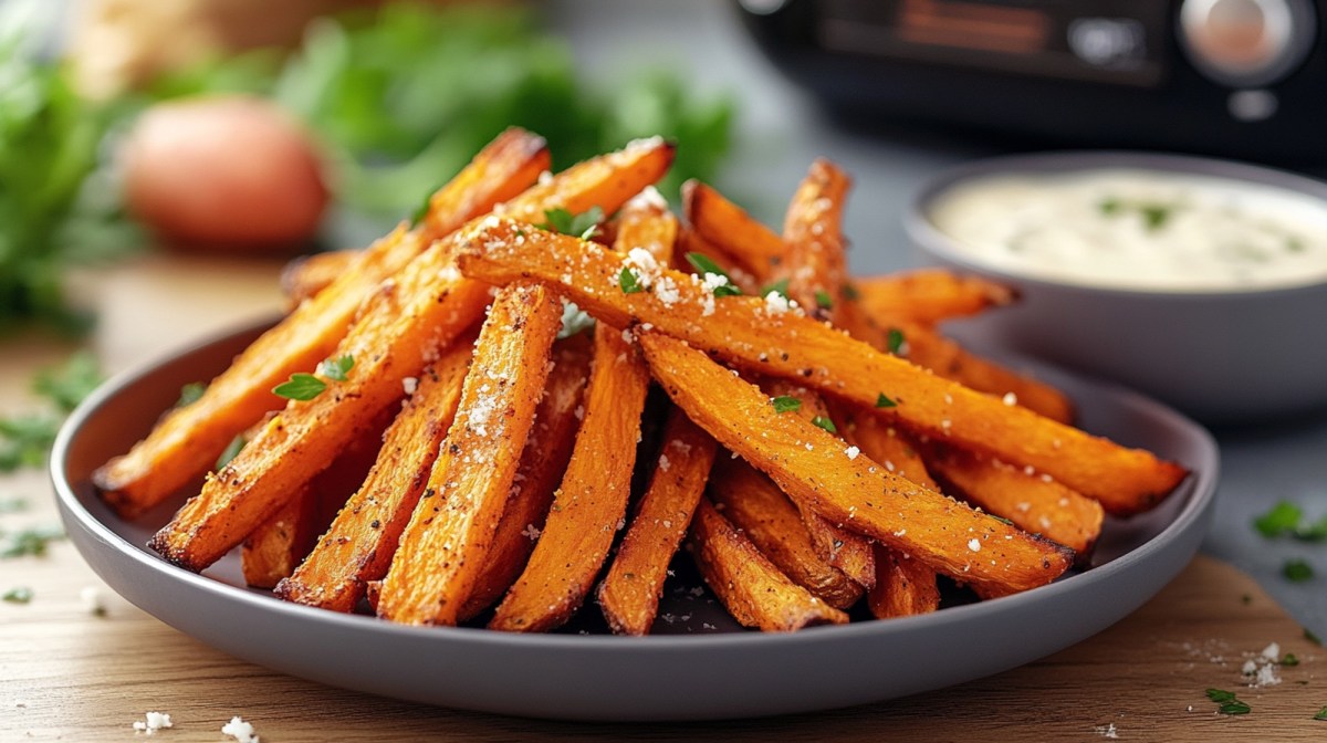 Teller mit Süßkartoffelpommes aus der Heißluftfritteuse, Dip daneben