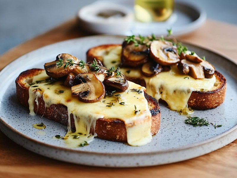 Ein hellblauer Teller mit zwei Scheiben überbackenem Käsebrot mit gebratenen Champignons, die mit frischem Thymian garniert sind. Der Teller steht auf einem Holztisch. Im Hintergrund ist ein kleinerer Teller zu erkennen, auf dem vermutlich eine kleine Schale mit Gewürzen und ein Gefäß mit Öl steht.