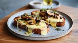 Ein hellblauer Teller mit zwei Scheiben überbackenem Käsebrot mit gebratenen Champignons, die mit frischem Thymian garniert sind. Der Teller steht auf einem Holztisch. Im Hintergrund ist ein kleinerer Teller zu erkennen, auf dem vermutlich eine kleine Schale mit Gewürzen und ein Gefäß mit Öl steht.