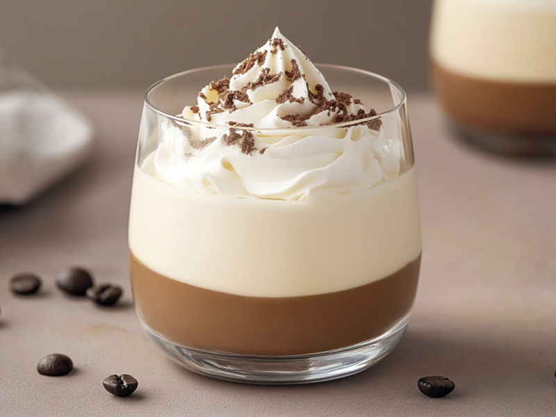 Ein Dessertglas mit Vanille-Espresso-Quarkcreme garniert mit einem kleinen Sahnehäubchen, dass mit Schokoladenstaub bestreut ist. Um das Glas herum liegen einzelne Kaffeebohnen verstreut. Im Hintergrund ist ein Küchenhandtuch und ein weiteres Dessertglas zu erkennen.