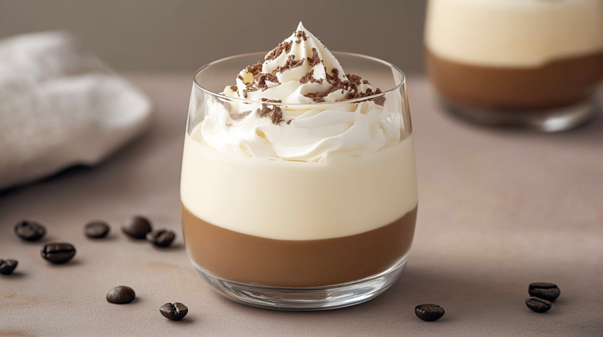 Ein Dessertglas mit Vanille-Espresso-Quarkcreme garniert mit einem kleinen Sahnehäubchen, dass mit Schokoladenstaub bestreut ist. Um das Glas herum liegen einzelne Kaffeebohnen verstreut. Im Hintergrund ist ein Küchenhandtuch und ein weiteres Dessertglas zu erkennen.