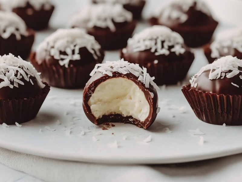 Vegane Oreo-Pralinen stehen auf einer weißen, flachen Unterlage. Sie sind mit Kokosraspeln bestreut.