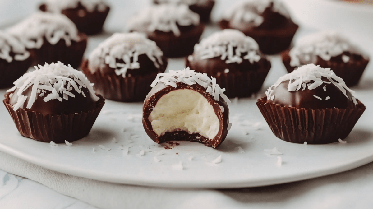 Vegane Oreo-Pralinen stehen auf einer weißen, flachen Unterlage. Sie sind mit Kokosraspeln bestreut.