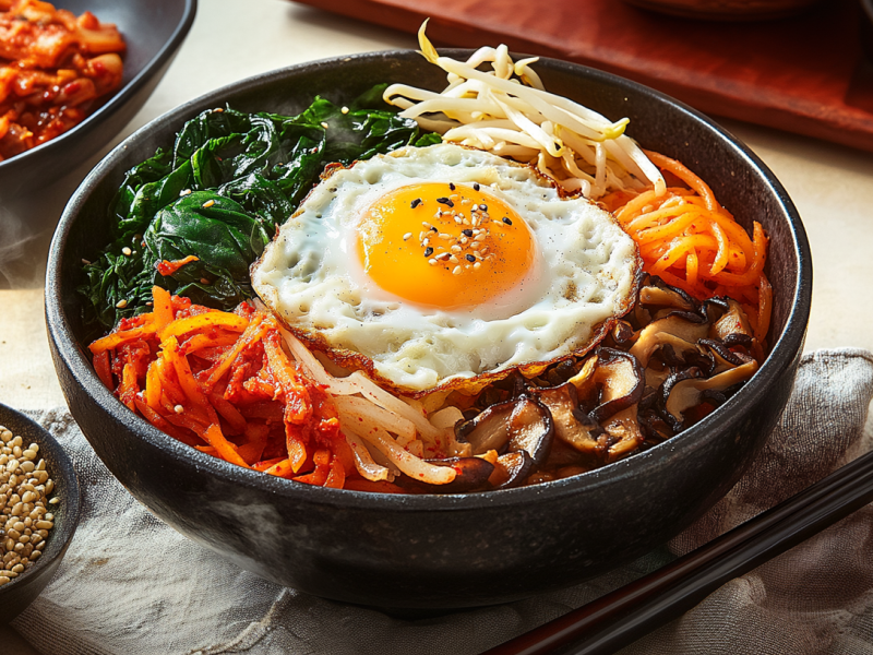 Vegetarisches Bibimbap in einer schwarzen Schale. Das Topping besteht aus Spinat, Mungobohnensprossen, Karotten, Shiitake-Pilzen und Kimchi. In der Mitte liegt ein mit Sesamkörnern bestreutes Spiegelei. Links im Bild steht eine Schale mit Sesamkörnern. Links im Hintergrund steht eine Schale mit Kimchi. Rechts der Bibimbapschale liegen zwei Essstäbchen.