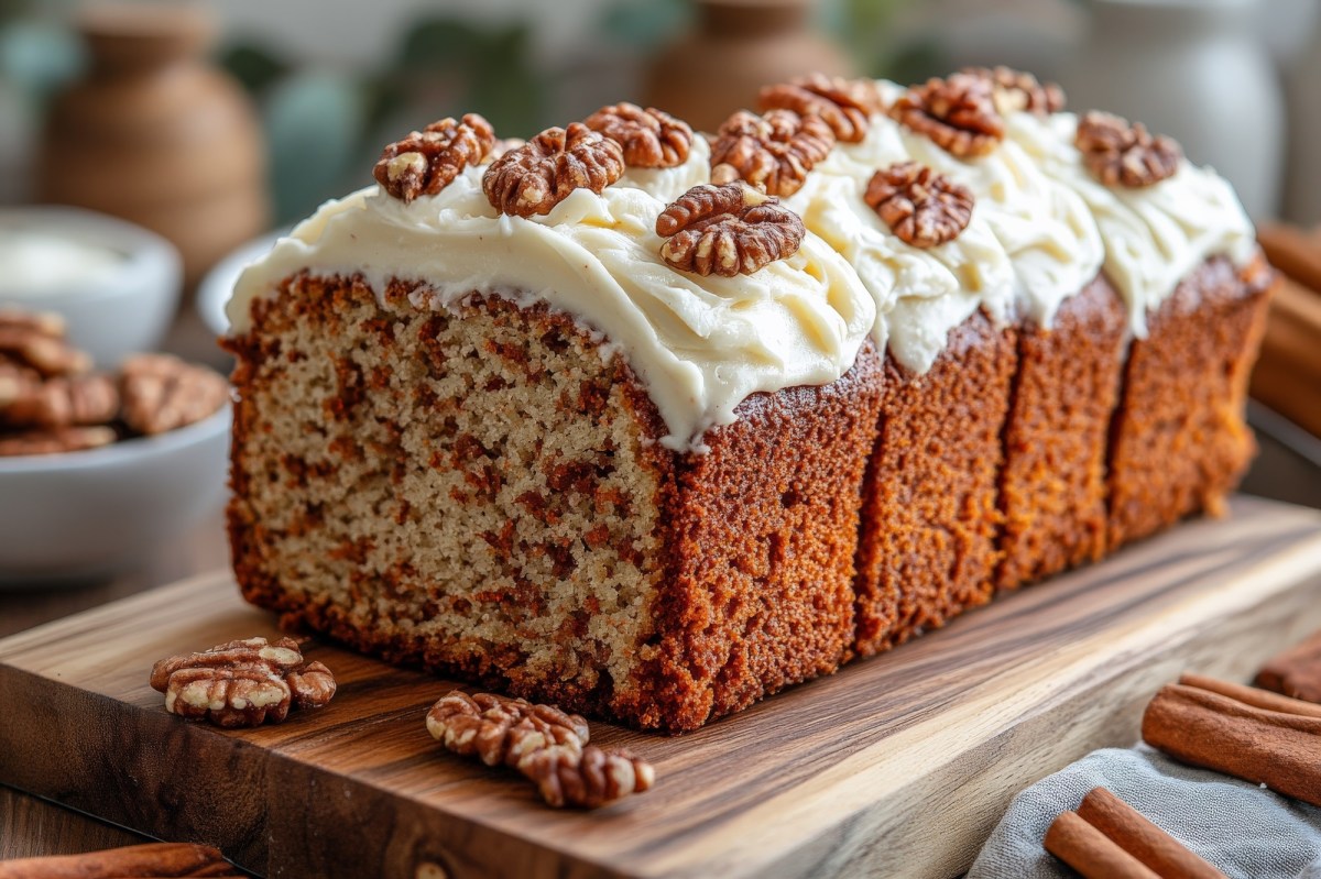 angeschnittener Walnuss-Zimt-Kuchen auf einem Brett