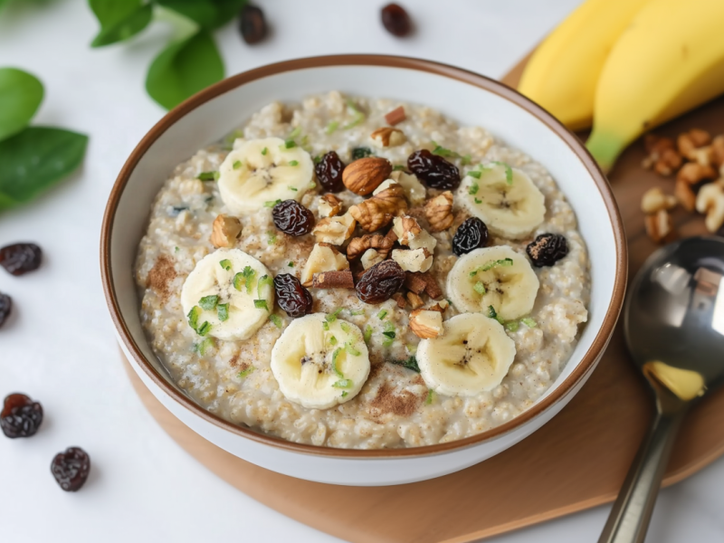 Eine Schüssel mit Zoats steht auf einem Holzbrett auf einem weißen Tisch. Recht daneben liegt ein Löffel, Nüsse, Rosinen und zwei Bananen. Links neben der Schüssel liegen weitere Rosinen und ein wenig frische Kräuter zu Dekoration.