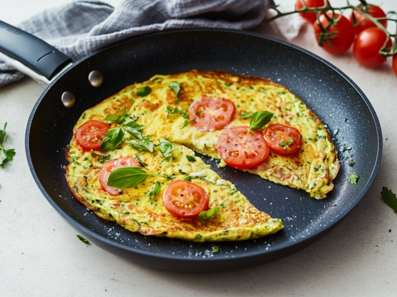 Eine angeschnittene Zucchinipizza in einer Pfanne. Links neben der Pfanne liegen einige Kräuter. Über der Pfanne ein Tuch und daneben weitere Tomaten.