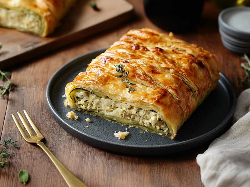 Zucchinistrudel mit Blätterteig liegt auf einem schwarzen Teller. Auf ihm liegt ein Stück frischer Rosmarin. Links neben dem Teller liegt eine goldene Gabel und weiterer Rosmarin. Hinten link liegt ein weiteres Stück Zucchinistrudel auf einem Holzbrett. Recht im Hintergrund steht eine kleine Schale. Rechts neben dem Teller liegt ein weißes Tuch.