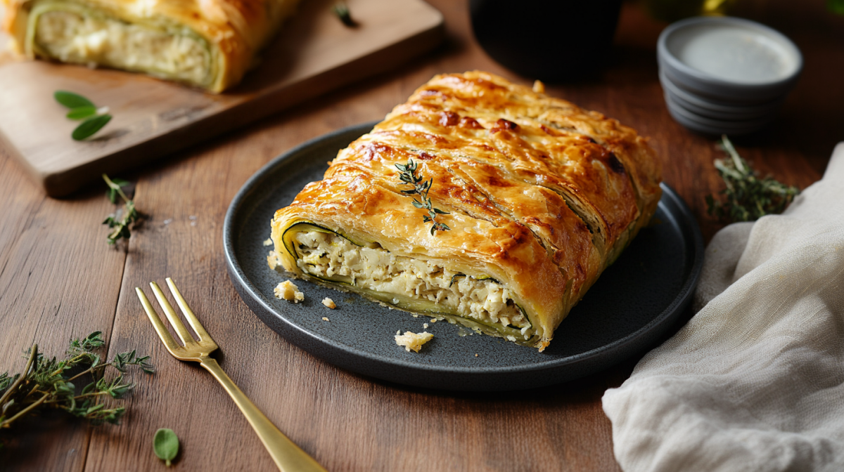 Zucchinistrudel mit Blätterteig liegt auf einem schwarzen Teller. Auf ihm liegt ein Stück frischer Rosmarin. Links neben dem Teller liegt eine goldene Gabel und weiterer Rosmarin. Hinten link liegt ein weiteres Stück Zucchinistrudel auf einem Holzbrett. Recht im Hintergrund steht eine kleine Schale. Rechts neben dem Teller liegt ein weißes Tuch.