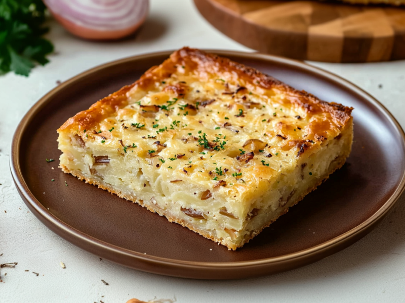 Ein Eckstück von einem Zwiebelkuchen vom Blech liegt auf einem braunen Teller. Links neben dem eller liegen zwei Zwiebeln. Im Hintergrund links liegt ein Bund Petersilie sowie eine halbierte Zwiebel. Rechts daneben sieht man den Anfang eines Schneidebretts mit einem weiteren Stück Zwiebelkuchen darauf.