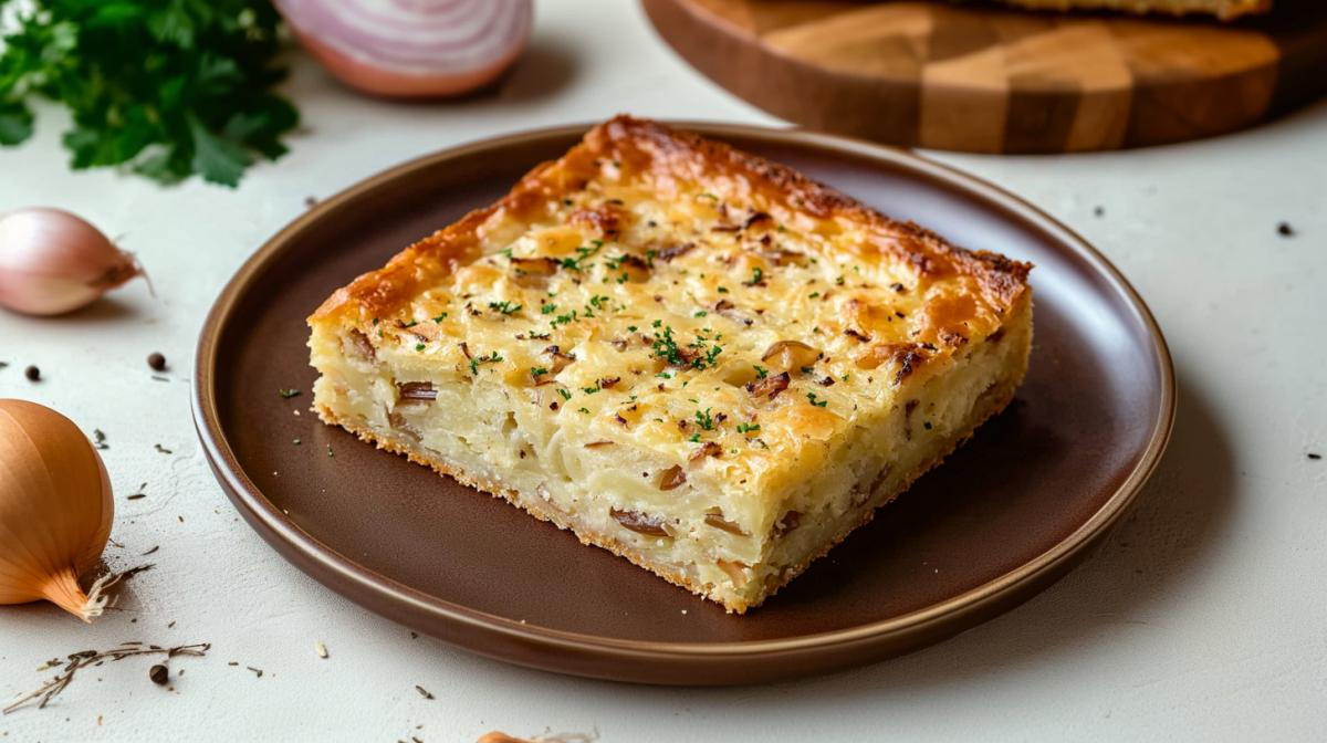 Ein Eckstück von einem Zwiebelkuchen vom Blech liegt auf einem braunen Teller. Links neben dem eller liegen zwei Zwiebeln. Im Hintergrund links liegt ein Bund Petersilie sowie eine halbierte Zwiebel. Rechts daneben sieht man den Anfang eines Schneidebretts mit einem weiteren Stück Zwiebelkuchen darauf.