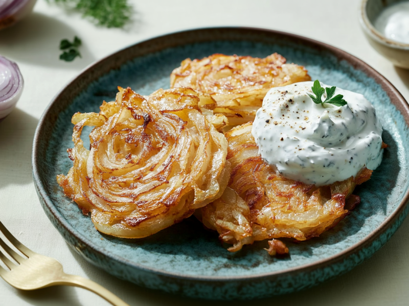 Drei Zwiebelpuffer liegen auf einem Teller und sind mit einer Joghurt-Kräutercreme garniert. Vorne links liegt eine Gabel sowie einige Kräuter. Hinten links im Bild sieht man angeschnittene Zwiebeln liegen. Hinten rechts steht ein Schälchen mit weiterem Dip.