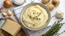 Schale mit dem französischem Kartoffelpüree Aligot, Zutaten daneben