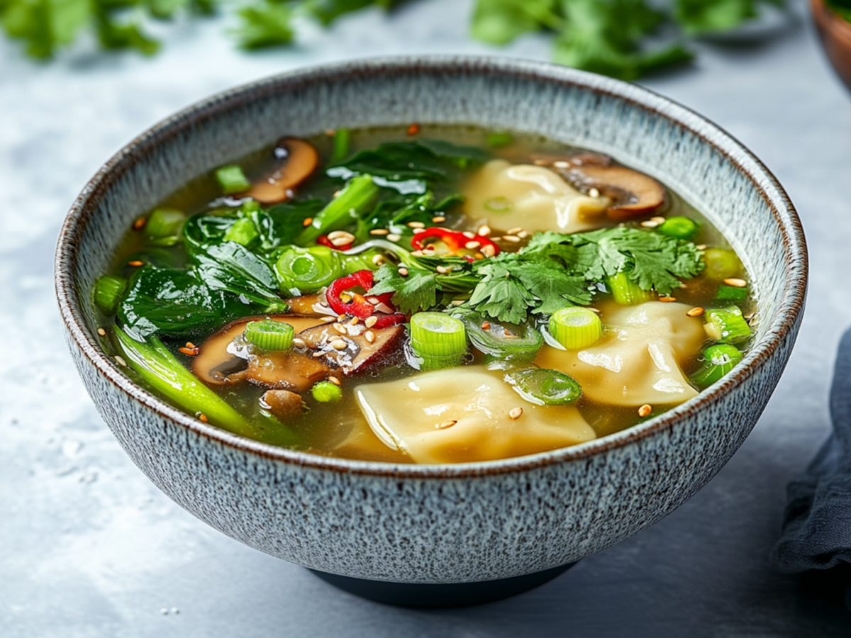 Eine Schüssel mit asiatischer Maultaschensuppe, die Maultaschen, Pak Choi, Zuckerschoten und geratene Champignons enthält. Die Suppe ist mit Chili, frischem Koriander und Frühlingszwiebeln garniert. Neben der Schüssel ist ein blaues Küchenhandtuch platziert. Im Hintergrund steht eine Holzschale mit Grünzeug. Außerdem sind im Hintergrund frische Kräuter zusehen.