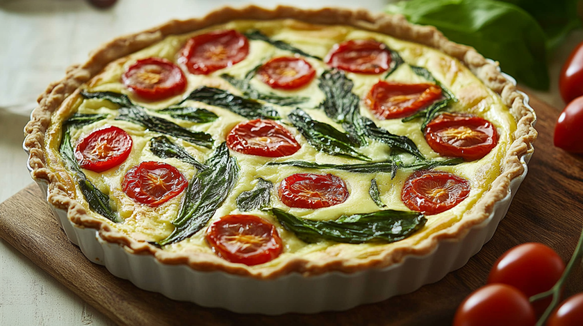 Eine Bärlauch-Tomaten-Quiche in einer Tarteform.