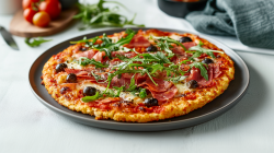 Ein dunkelgrauer Teller mit einer Blumenkohlpizza mit Serrano-Schinken und Rucola, die außerdem mit Oliven belegt ist. Der Teller steht auf einer hellen Arbeitsfläche. Im Hintergrund ist ein Küchenhandtuch zu sehen. Außerdem liegt ein Brett herum, auf dem Tomaten liegen. Daneben liegt ein Messer und etwas Rucola.