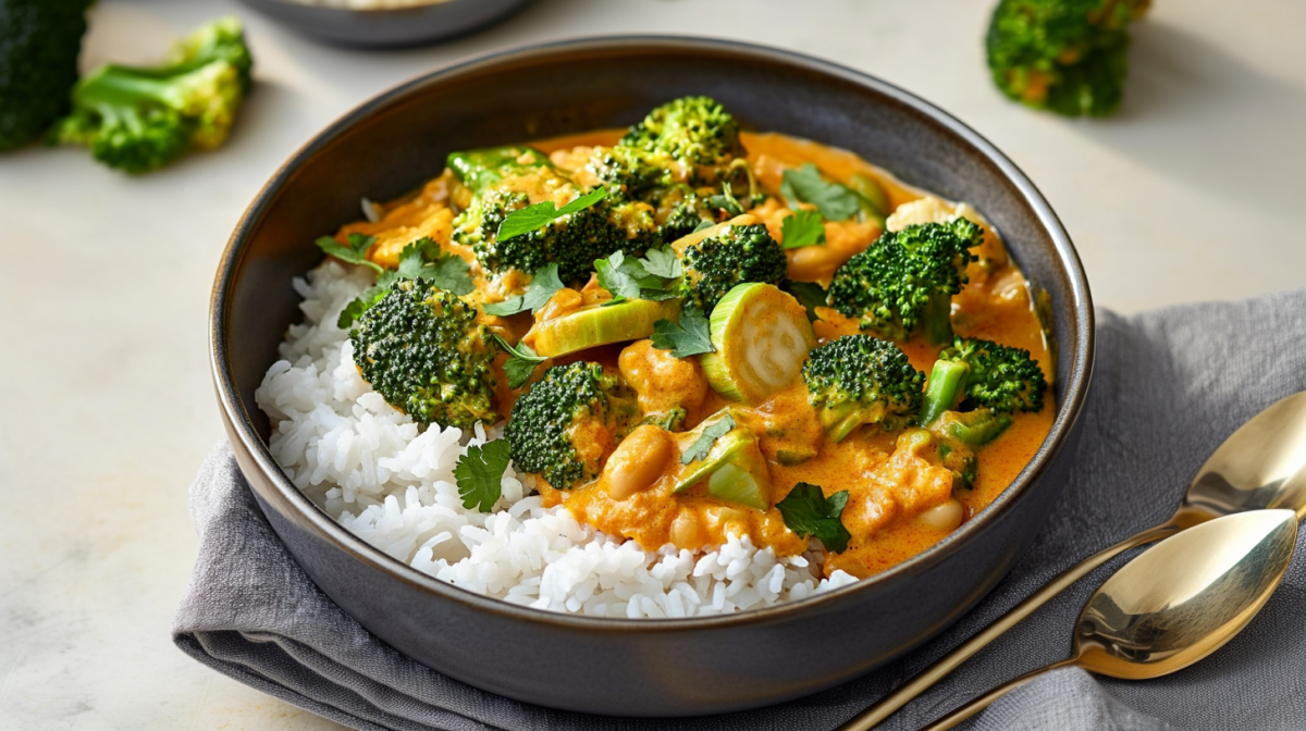 Eine schwarze Schale mit Brokkoli-Lauch-Curry steht auf einem grauen Tuch auf einem hellen Untergrund. Rechts neben der Schale liegen zwei Löffel. Im Hintergrund sieht man noch einige Brokkoliröschen liegen.