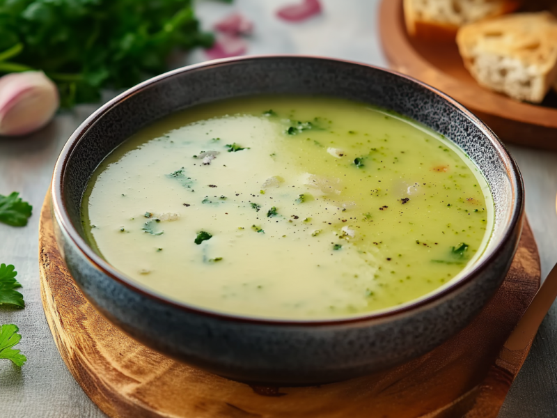 Eine Schüssel mit Brokkolisuppe steht auf einem Holzuntersetzer. Rechts daneben liegt ein Löffel. Links im Bild liegen einige frische Kräuter sowie eine Knoblauchzehe. Im Hintergrund sieht man gehackte Zwiebeln sowie eine Stücke Brot.