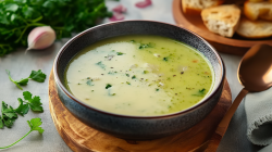 Eine Schüssel mit Brokkolisuppe steht auf einem Holzuntersetzer. Rechts daneben liegt ein Löffel. Links im Bild liegen einige frische Kräuter sowie eine Knoblauchzehe. Im Hintergrund sieht man gehackte Zwiebeln sowie eine Stücke Brot.