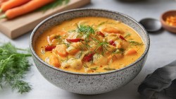 Eine Schüssel Fenchel-Curry. Drumherum liegen frische Zutaten.