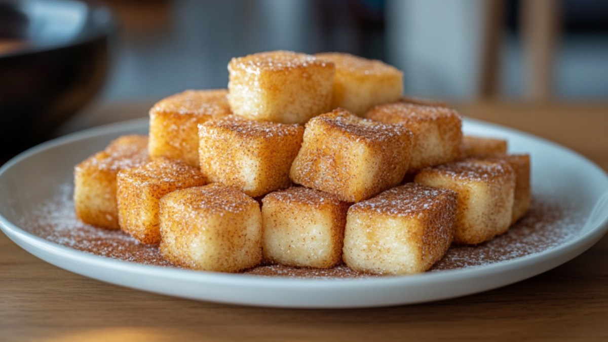 French-Toast-Würfel auf einem Teller gestapelt.