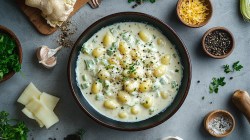 Pfanne mit Gnocchi in Lauch-Rahmsoße, Zutaten daneben