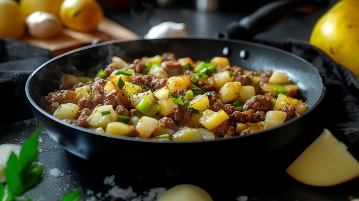 Eine Hackfleisch-Lauch-Pfanne mit Kartoffeln.