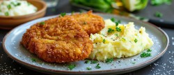 Ein Teller mit Kohlrabi-Schnitzel und Kartoffelpüree