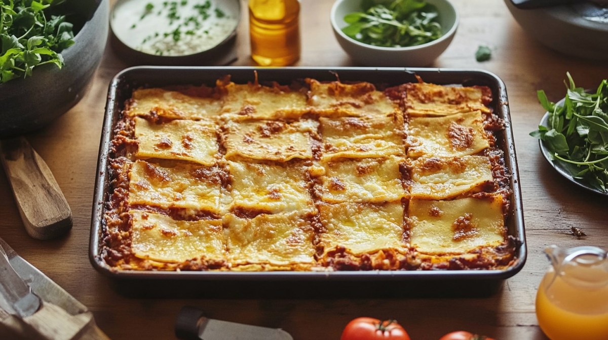 Lasagne vom Blech, drumherum viele verschiedene Zutaten.