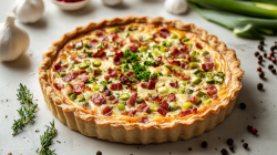 Eine frischgebackene Lauch-Speck-Quiche mit Schnittlauchröllchen darauf.