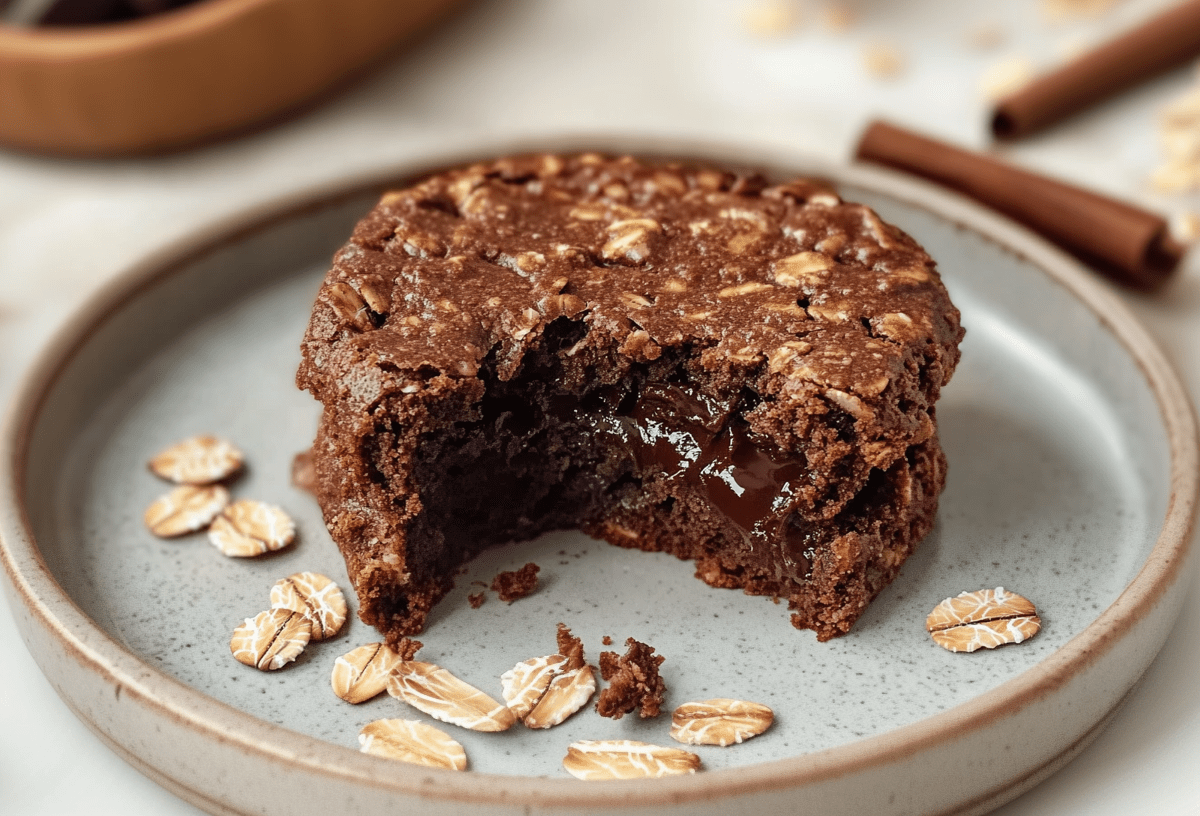 Lavacake Baked Oats auf einem graublauen Teller. Auf dem Teller liegen noch einige Haferflocken. Im Hintergrund sieht man noch zwei Zimtstangen und Haferflocken liegen.