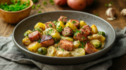 Ein dunkelgrauer Teller mit einer Portion Leberkäse-Pfanne mit Rosenkohl und Kartoffeln, die mit etwas frischer gehackter Petersilie garniert ist. Der Teller steht auf einem grauen Küchenhandtuch. Im Hintergrund sind verschwommen Kartoffeln und einzelne Knoblauchzehen angedeutet. Außerdem steht eine Schale mit gehackten Kräutern da.