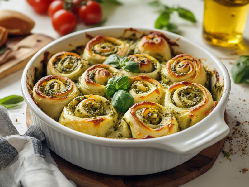 Eine Auflaufform mit Pizzarollen. Sie sind dekoriert mit einem Basilikumblatt. Vor der Auflaufform liegt ein Küchentuch. Im Hintergrund links sieht man ein Schneidebrett mit Knoblauch darauf. Daneben liegen mehrere Tomaten. Rechts neben der Form liegt eine Tomate, dahinter stehen zwei Flaschen Öl.