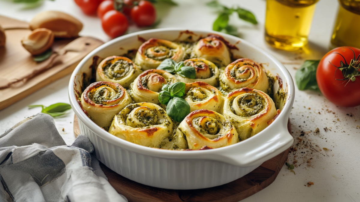 Eine Auflaufform mit Pizzarollen. Sie sind dekoriert mit einem Basilikumblatt. Vor der Auflaufform liegt ein Küchentuch. Im Hintergrund links sieht man ein Schneidebrett mit Knoblauch darauf. Daneben liegen mehrere Tomaten. Rechts neben der Form liegt eine Tomate, dahinter stehen zwei Flaschen Öl.