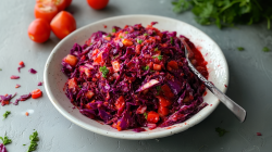 Ein Teller mit Red Goddess Salad, der aus Rotkohl, Roter Bete, Paprika und Tomaten besteht und mit einem cremigen roten Dressing angemacht ist. Der Salat ist mit etwas frischer Petersilie garniert. Im Hintergrund liegen ein paar Tomaten und ein Bund frische Kräuter.