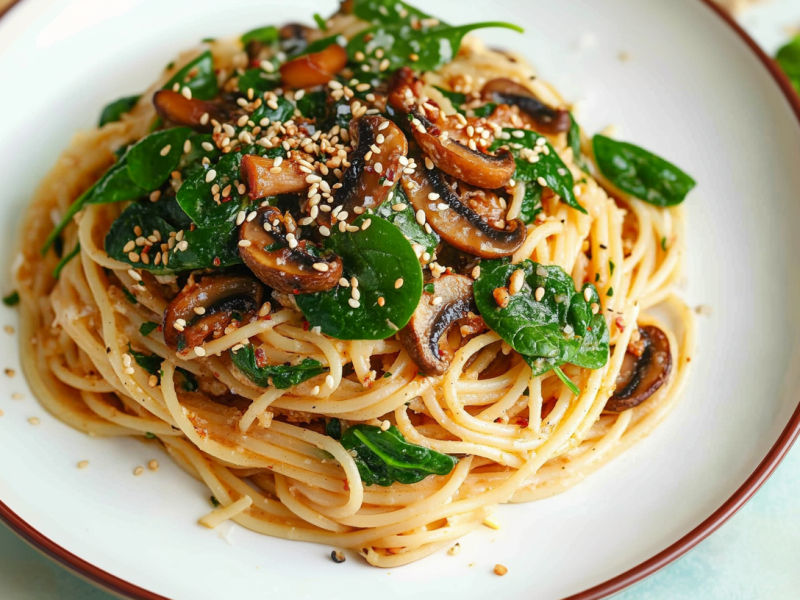 Sesam-Pilz-Spaghetti auf einem Teller. Sie sind mit Champignons, Spinat und Sesamkörnern bestreut. Rechts neben dem Teller liegen einige weitere Spinatblätter.