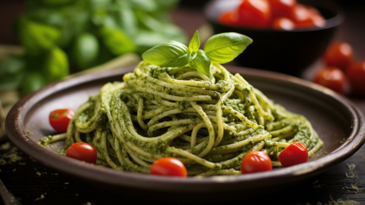 Ein Teller Spaghetti mit Basilikum-Senf-Pesto und Kirschtomaten.