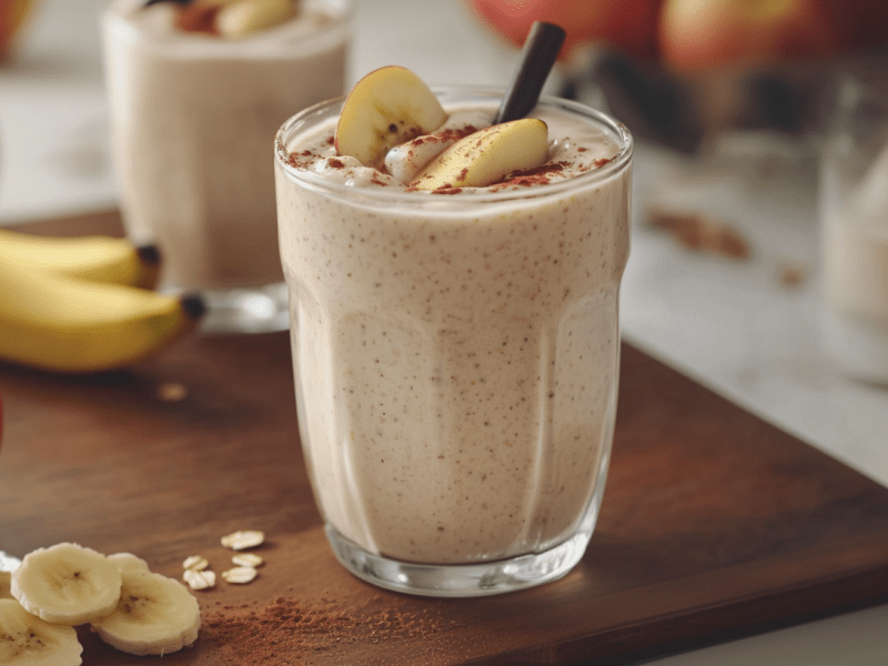 Ein Glas mit veganem Müslidrink steht auf einem Schneidebrett. Im Hintergrund sieht man ein weiteres Glas Müslidrink sowie zwei Bananen.